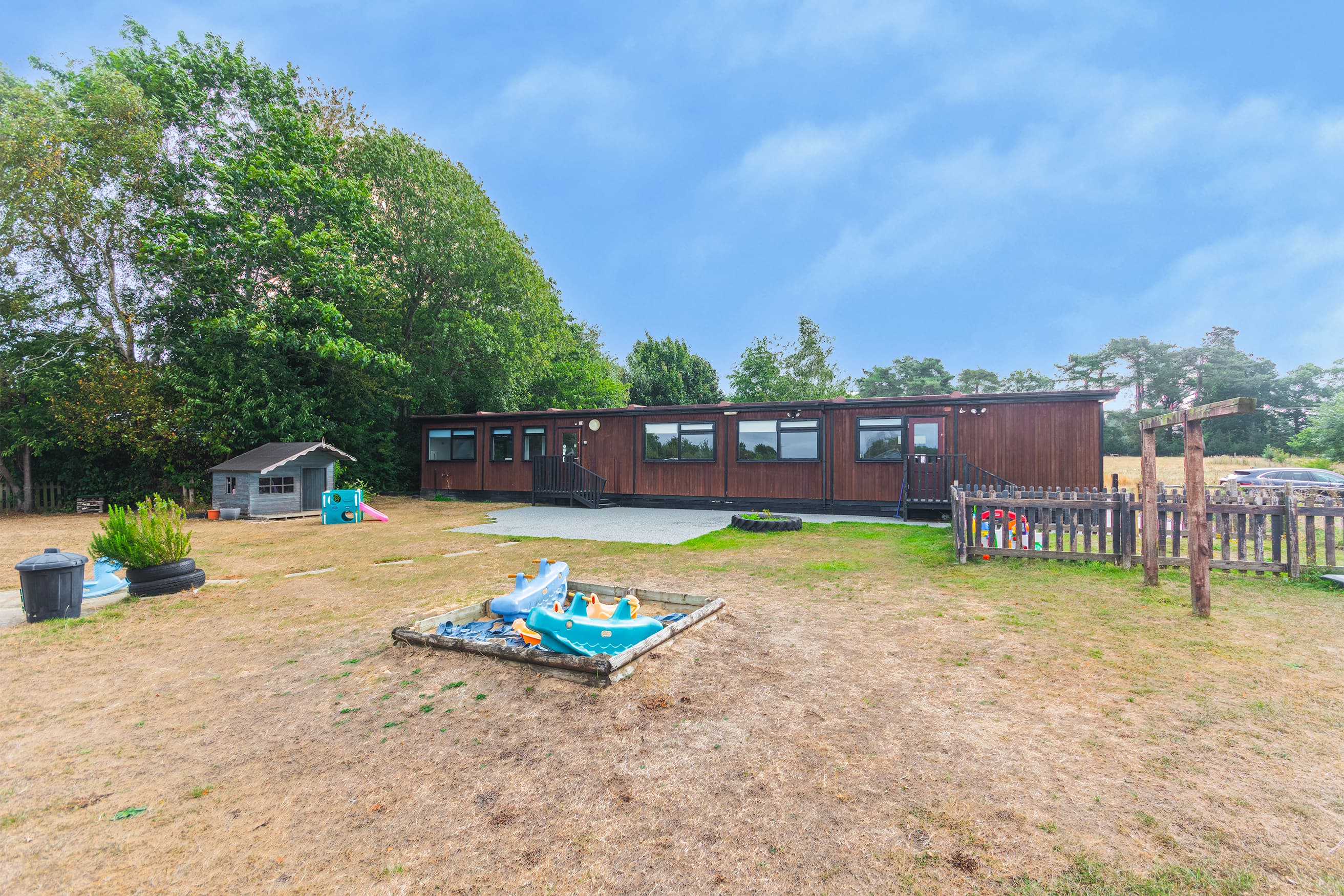 Nursery grounds with sandbox, playhouse and outdoor toys
